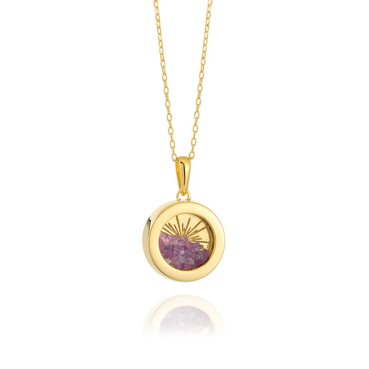 Rachel Jackson Small Deco Sun Amulet Birthstone Necklace Amethyst - Gold