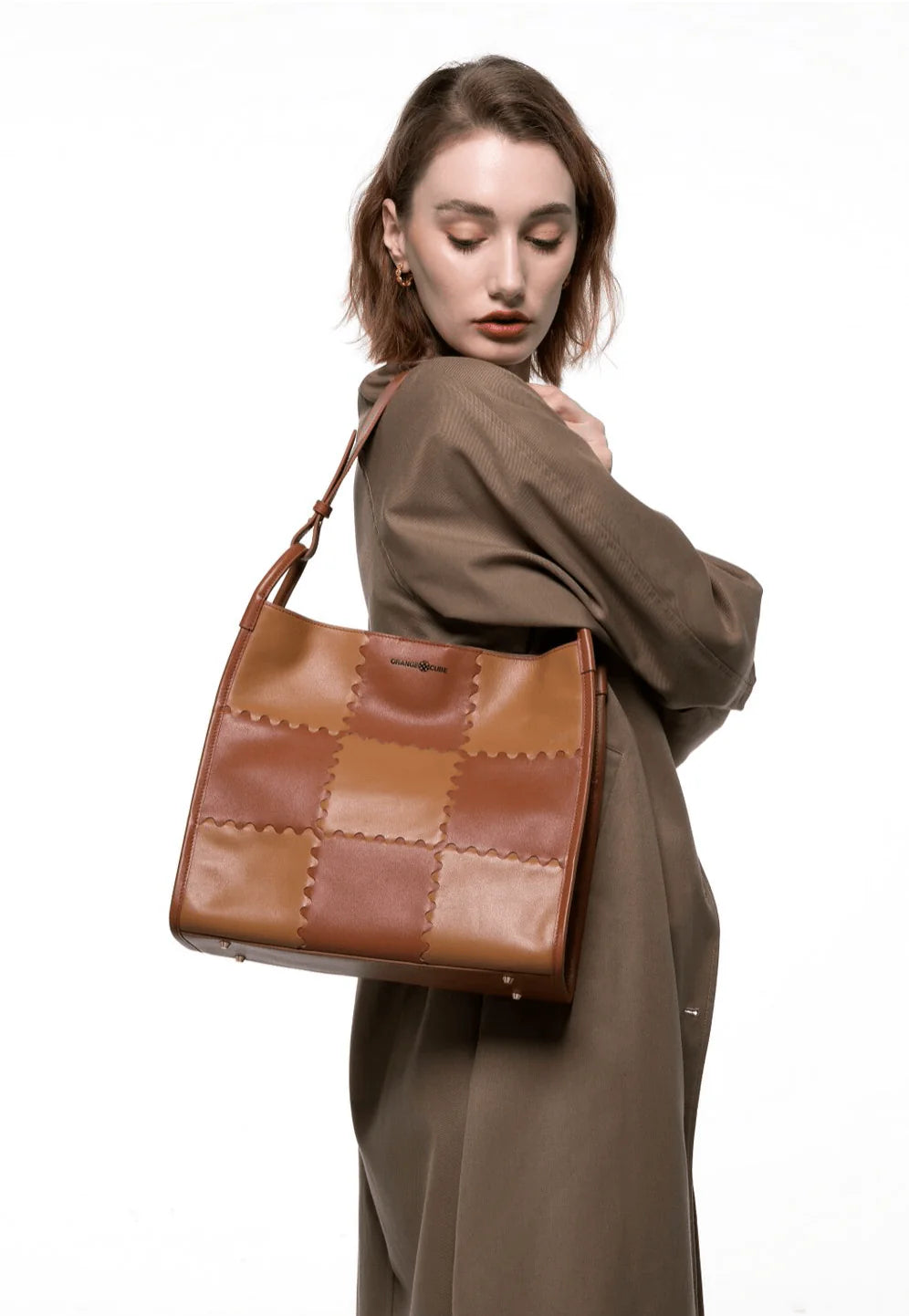 Square Stitch Tote Bag - Brown